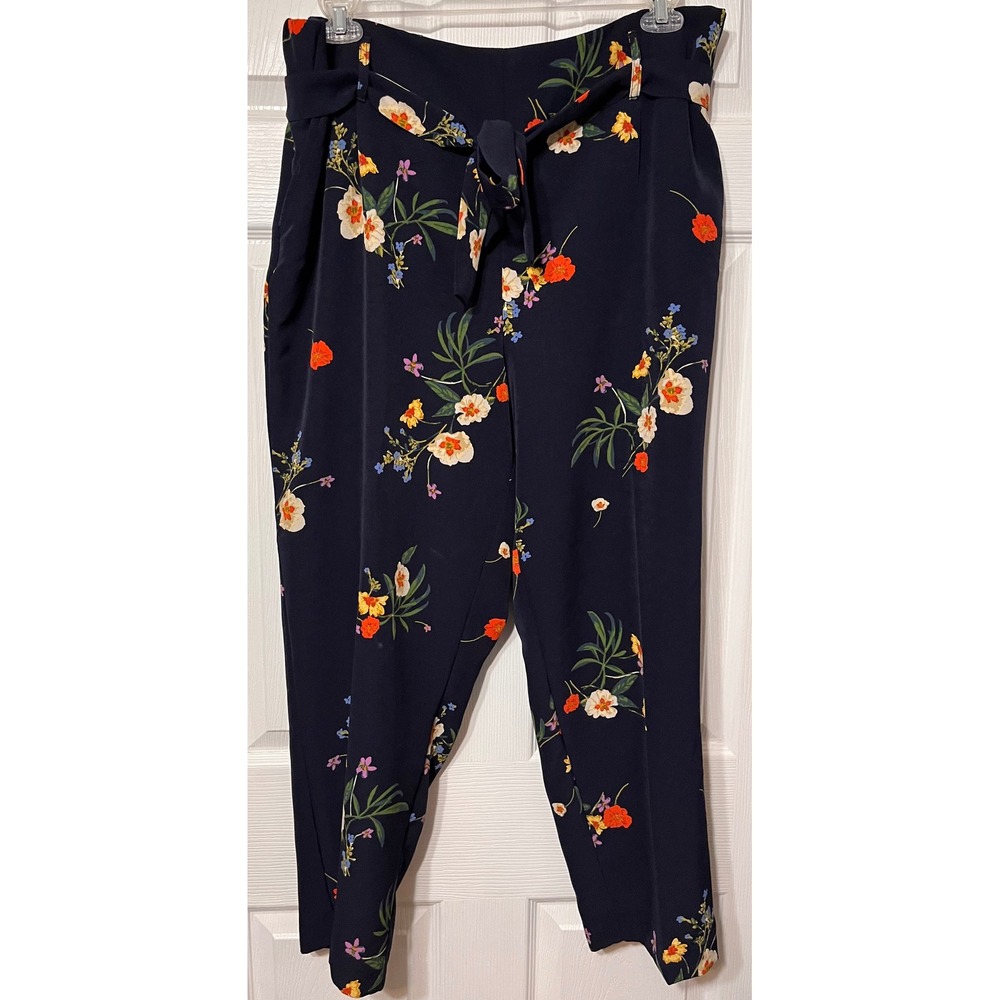 Jules & Leopold Womens 2X Navy Floral Paperbag Waist Tapered Leg Trousers belted